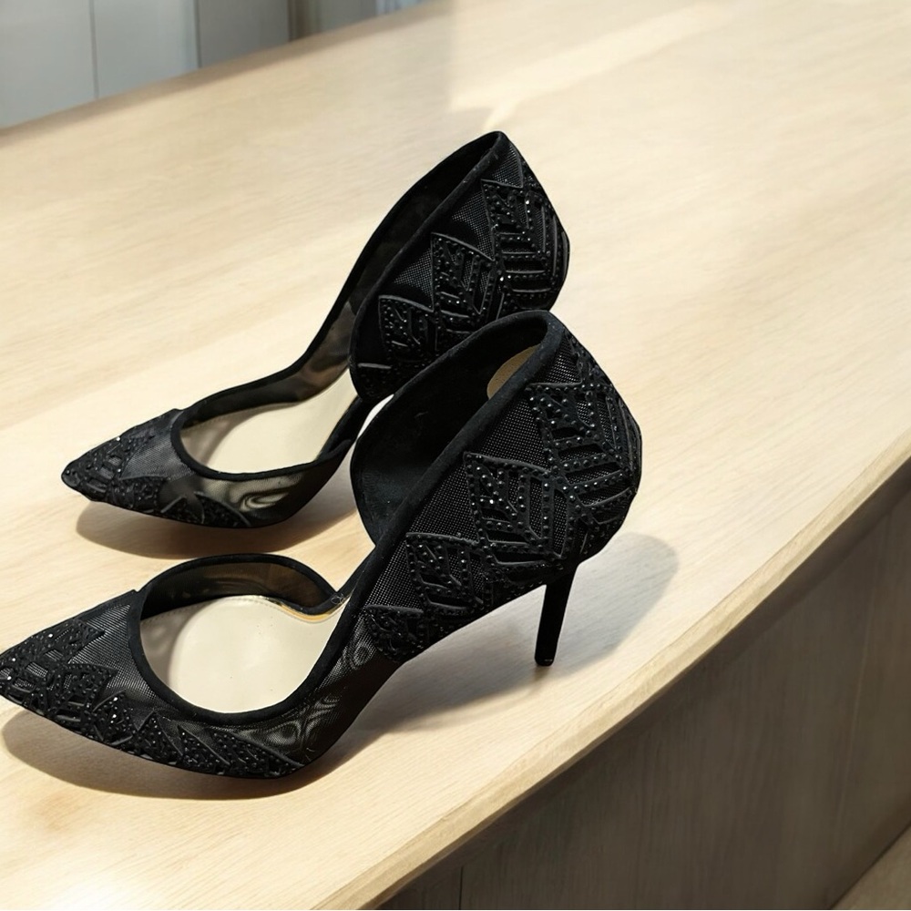 High Heels Size 8.5 M Jessica Simpson Black Leather Classy Elegant Sequin 4.5"